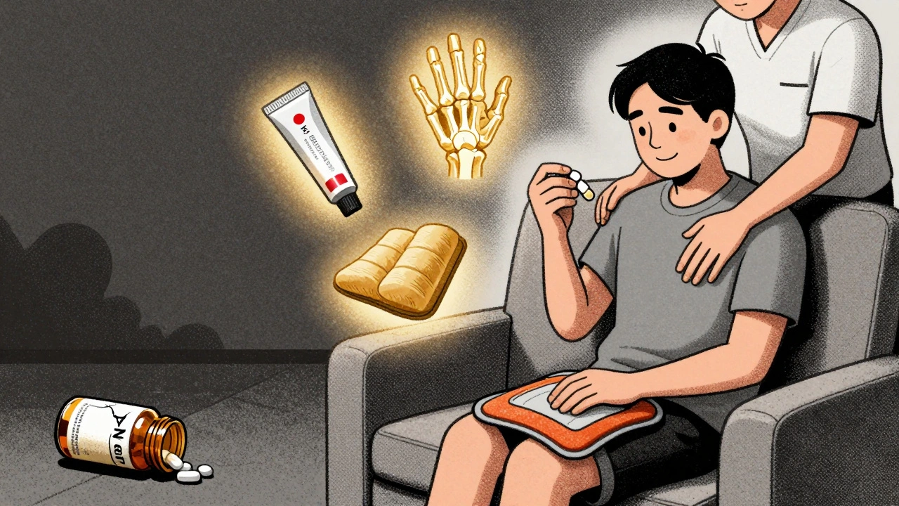 Patient using safe pain relief alternatives like heating pad and topical cream