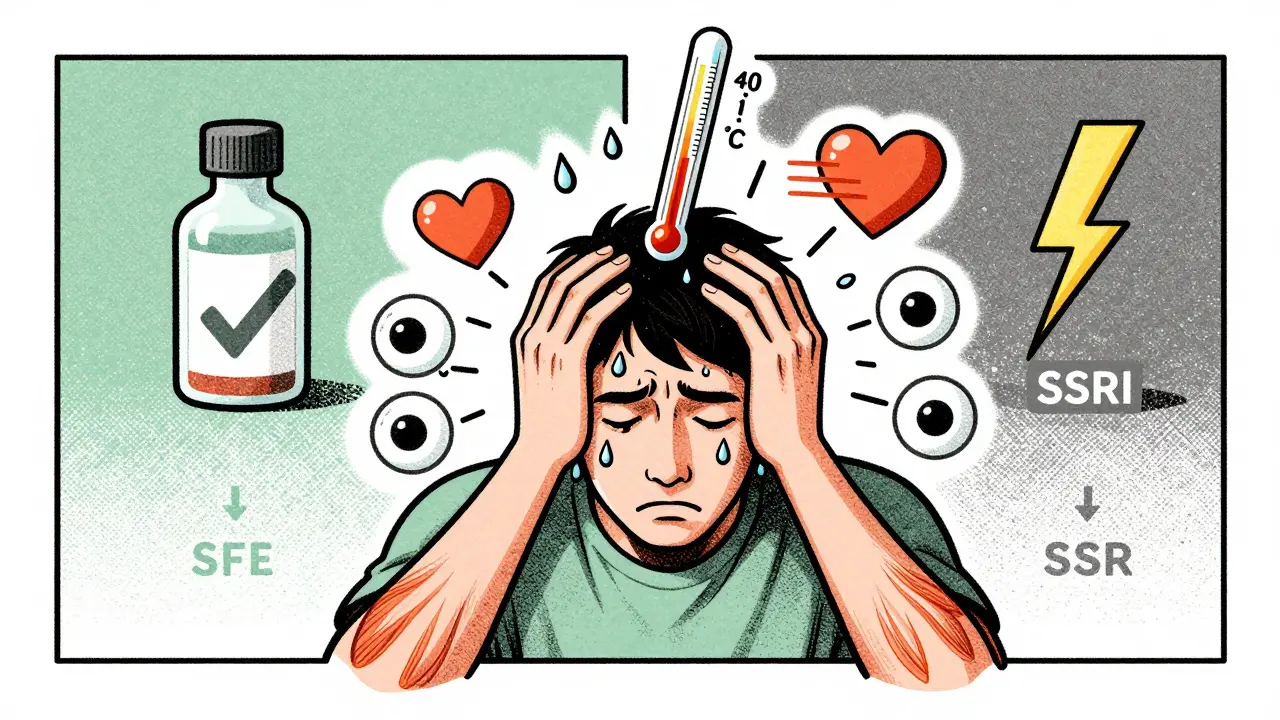 Person experiencing serotonin syndrome symptoms with fever, tremors, and racing heart, beside safe and dangerous drug paths.