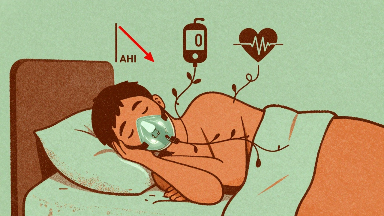 Person sleeping with CPAP mask, glowing icons showing improved health metrics connected by vines in earthy risograph tones.