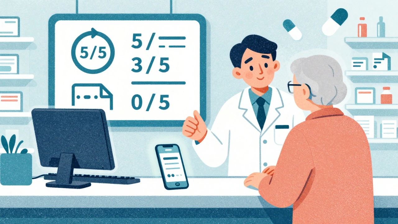 Pharmacist explaining refill icons on wall chart to elderly patient with app alert visible