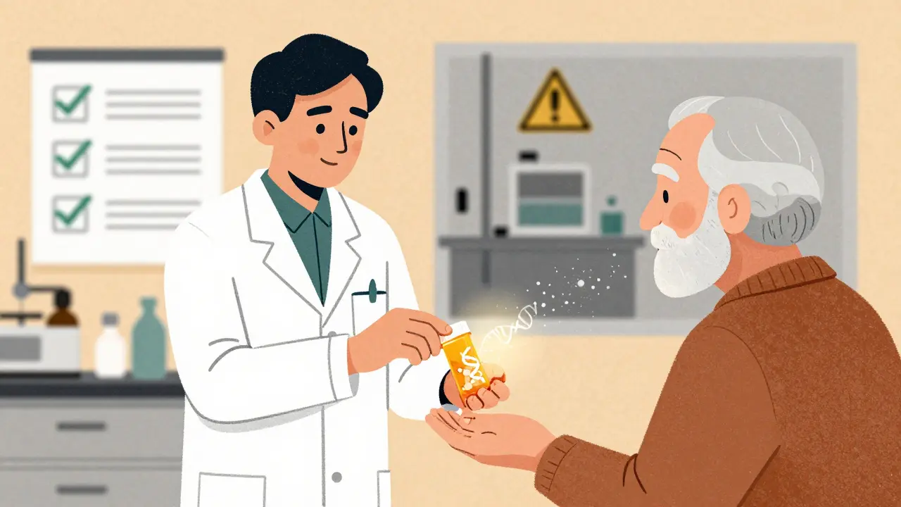 Pharmacist giving a pill to a patient, with contrasting backgrounds of a clean U.S. lab and blurry overseas factory.