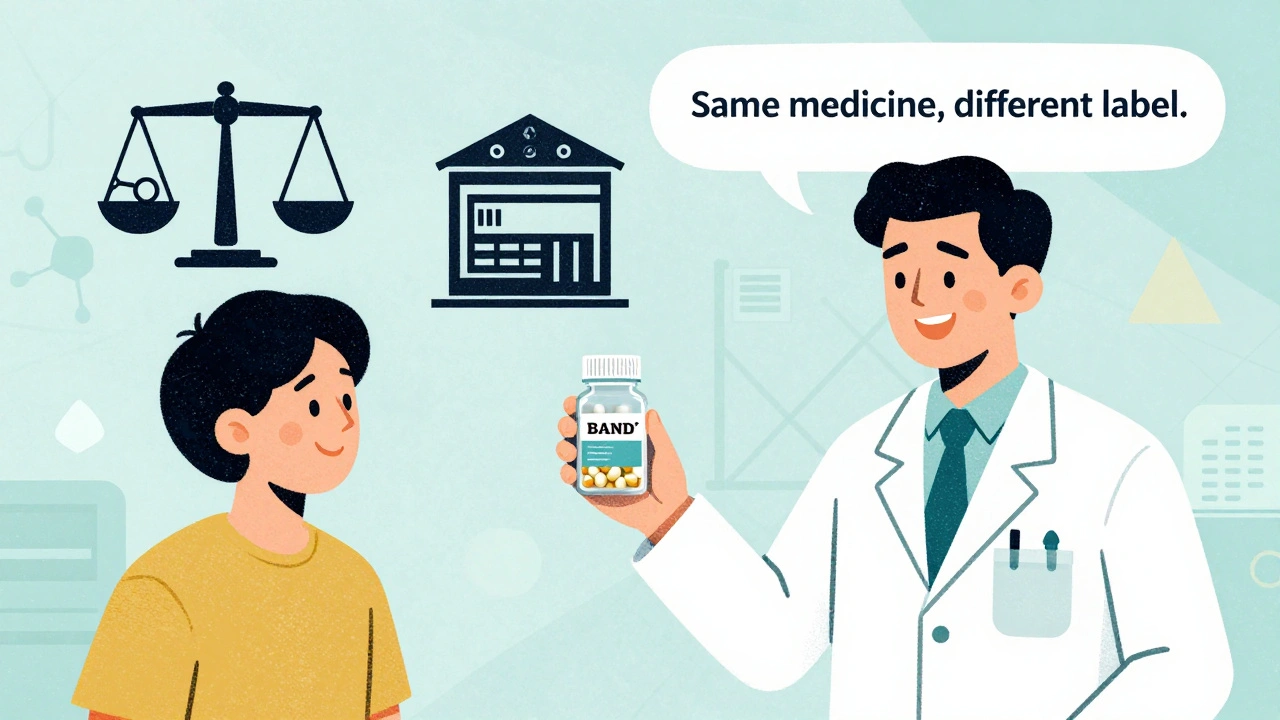 Pharmacist handing a plain pill bottle to a patient, with transparent comparison of identical contents.