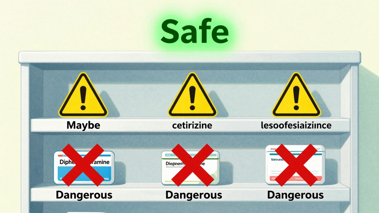 Pharmacy shelf showing three generations of antihistamines with color-coded safety labels