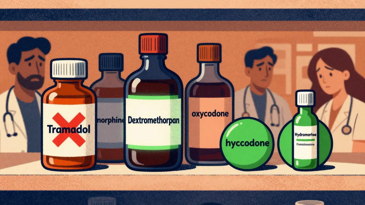 Pharmacy shelf with dangerous opioids marked by red Xs and safer options in green circles, rendered in muted earth tones.