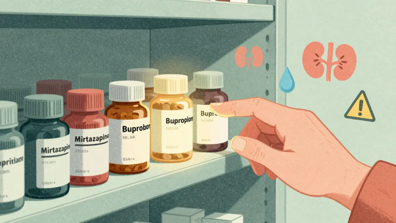 Pharmacy shelf with safer antidepressants glowing while SSRIs fade, elderly hands reaching out.