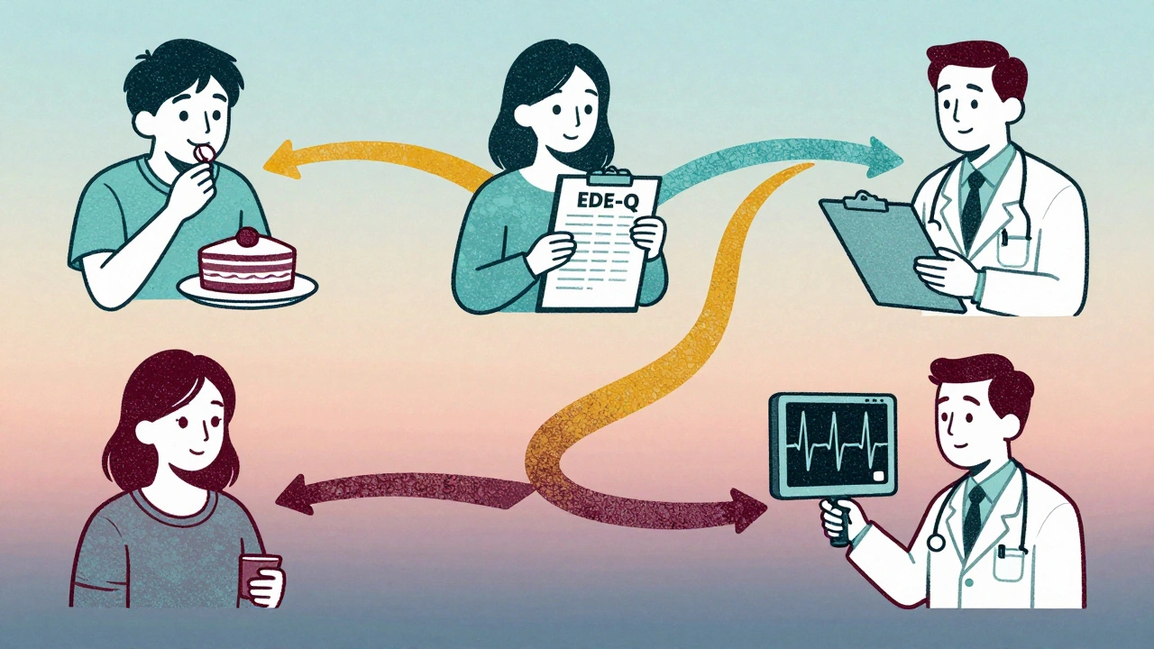 Recovery journey collage: eating cake, therapy session, medical monitoring, colored paths