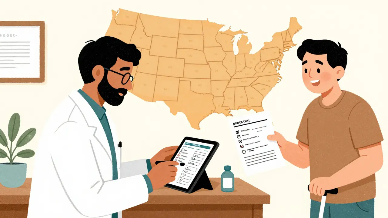 Rural pharmacist adjusting diabetes medication using lab results under a collaborative agreement, with patient nearby.
