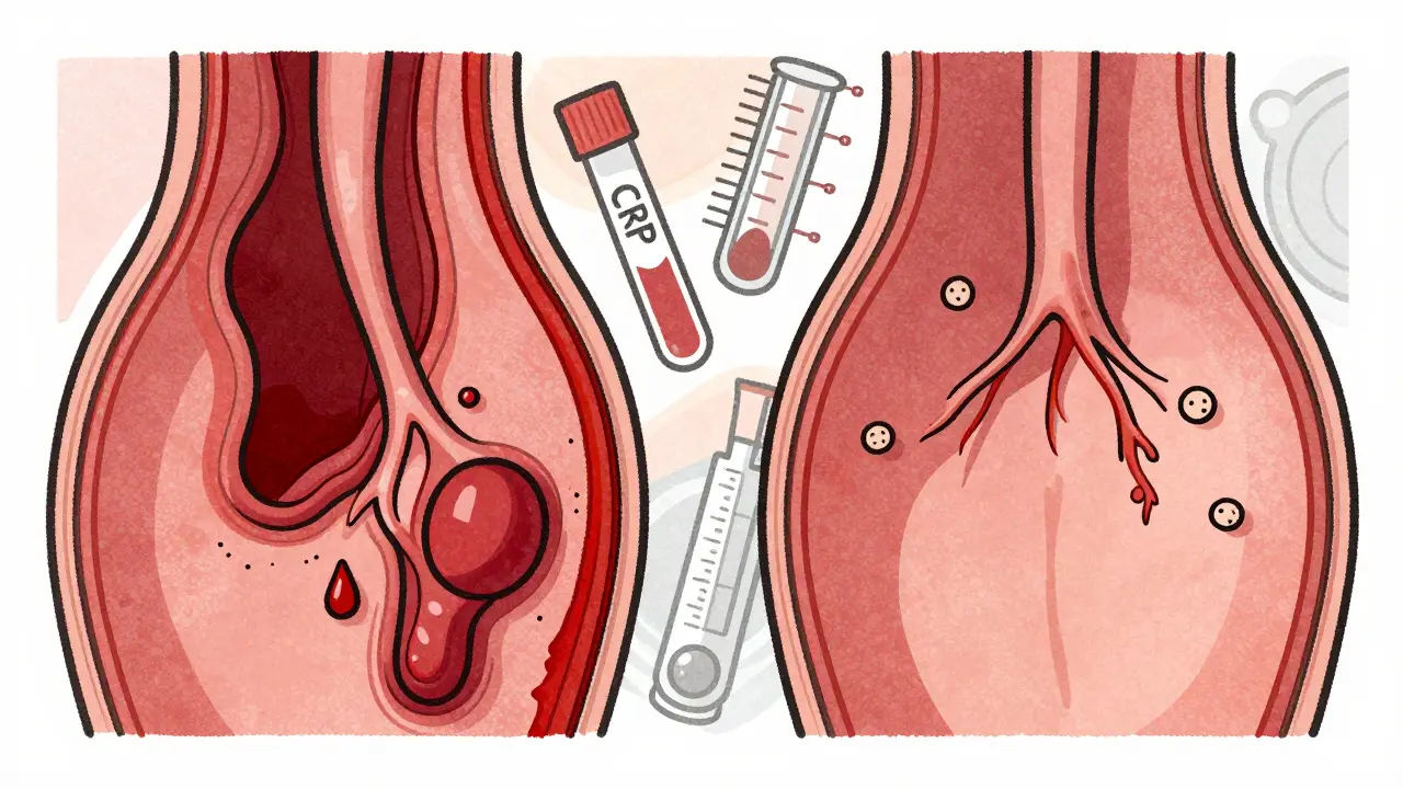 Side-by-side colon illustrations showing IBD ulcers and bleeding versus IBS's normal but overactive nerves.