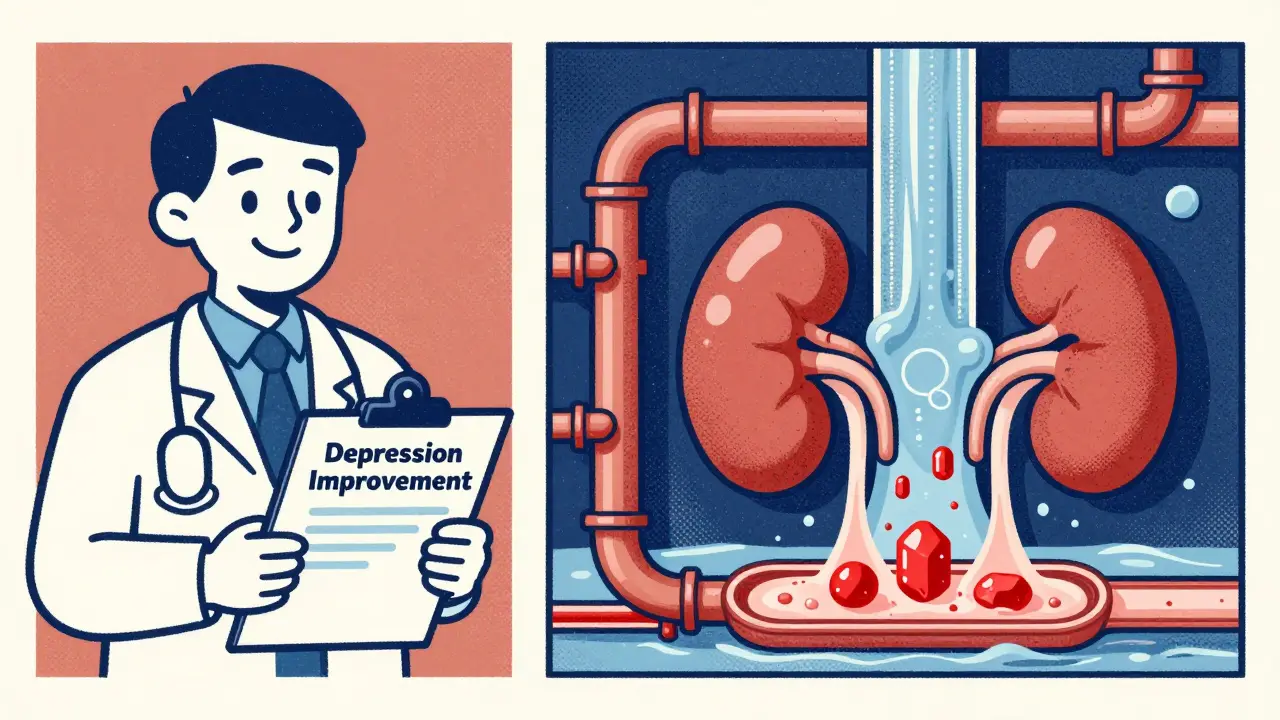 Split medical scene showing happy doctor and hidden fluid overload diluting sodium in blood.
