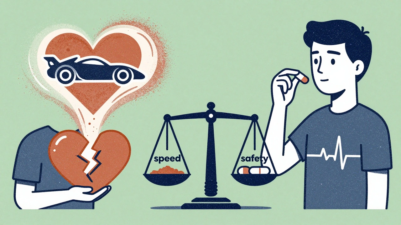 Split scene: cocaine-damaged heart vs safe non-stimulant treatment, balanced by safety vs speed scale.