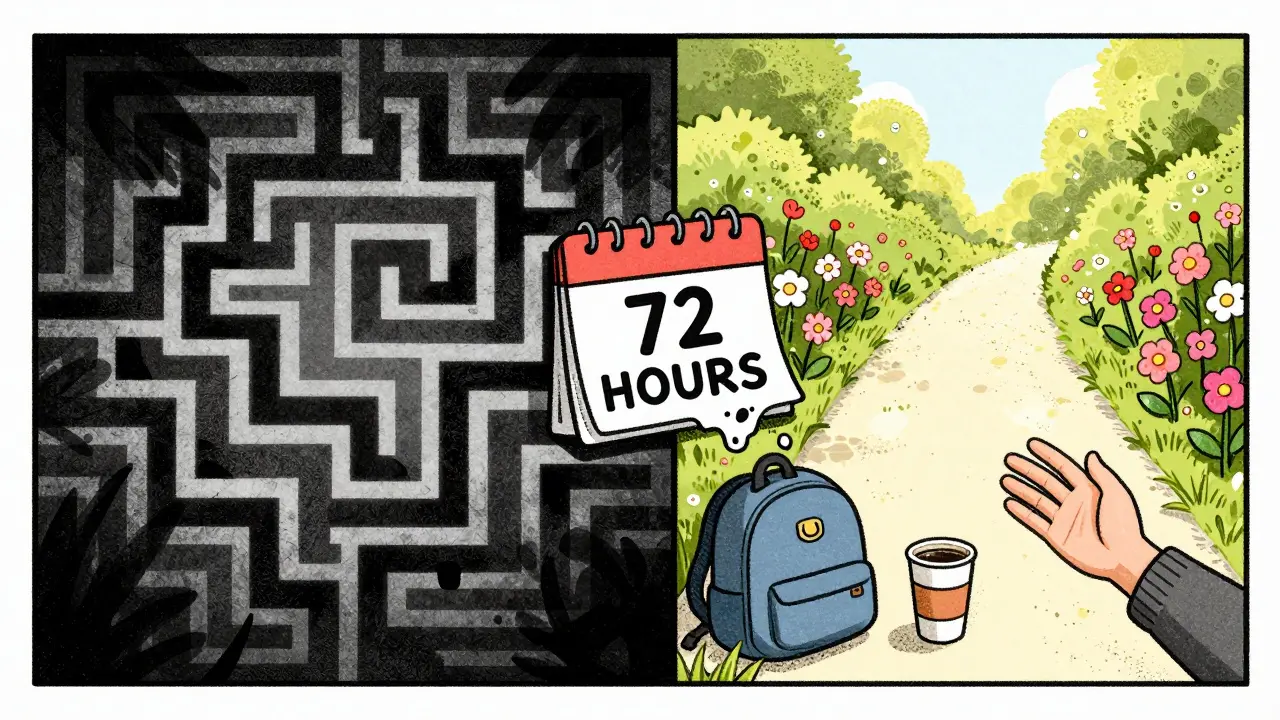 Split scene: dark maze vs. sunlit path with clock melting into '72 HOURS' calendar.