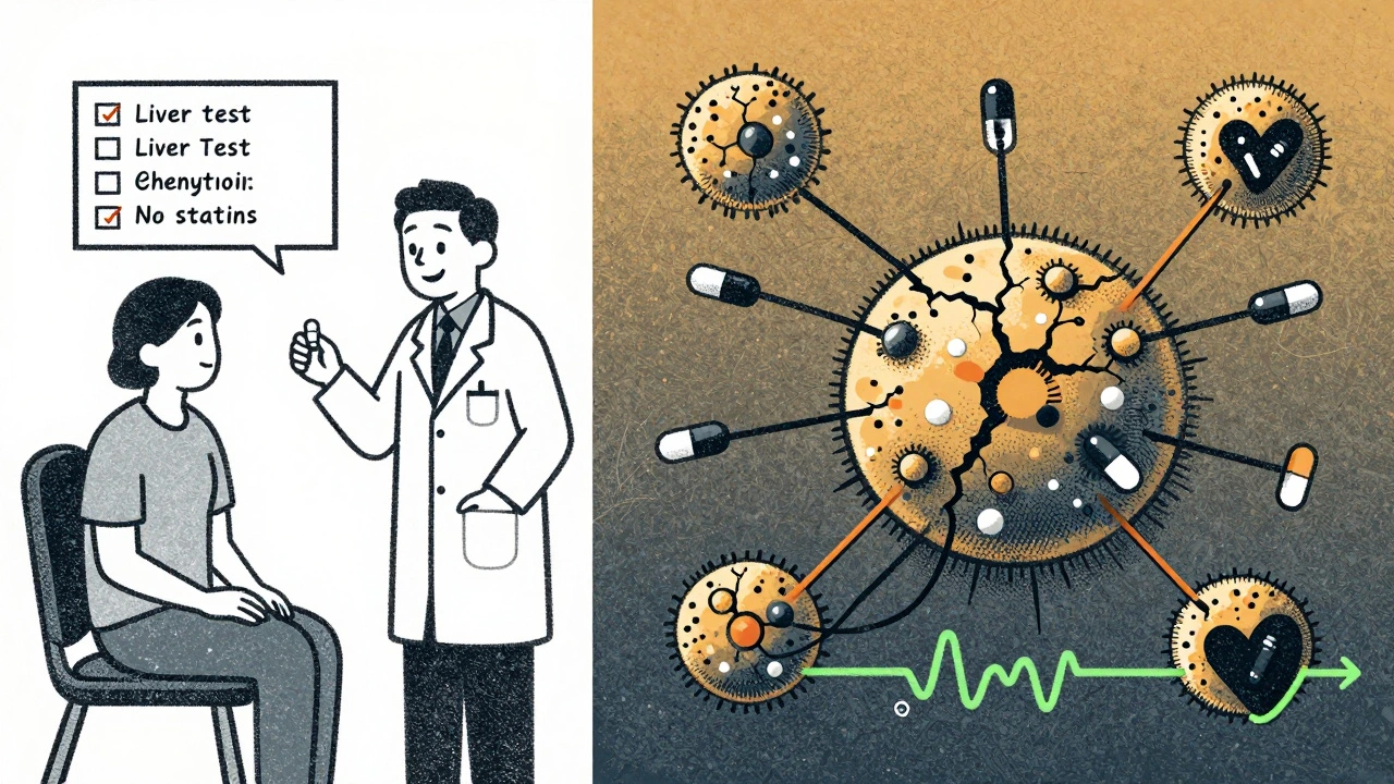 Split scene: home azole use vs dangerous drug interactions, with symbolic icons for side effects and liver stress.