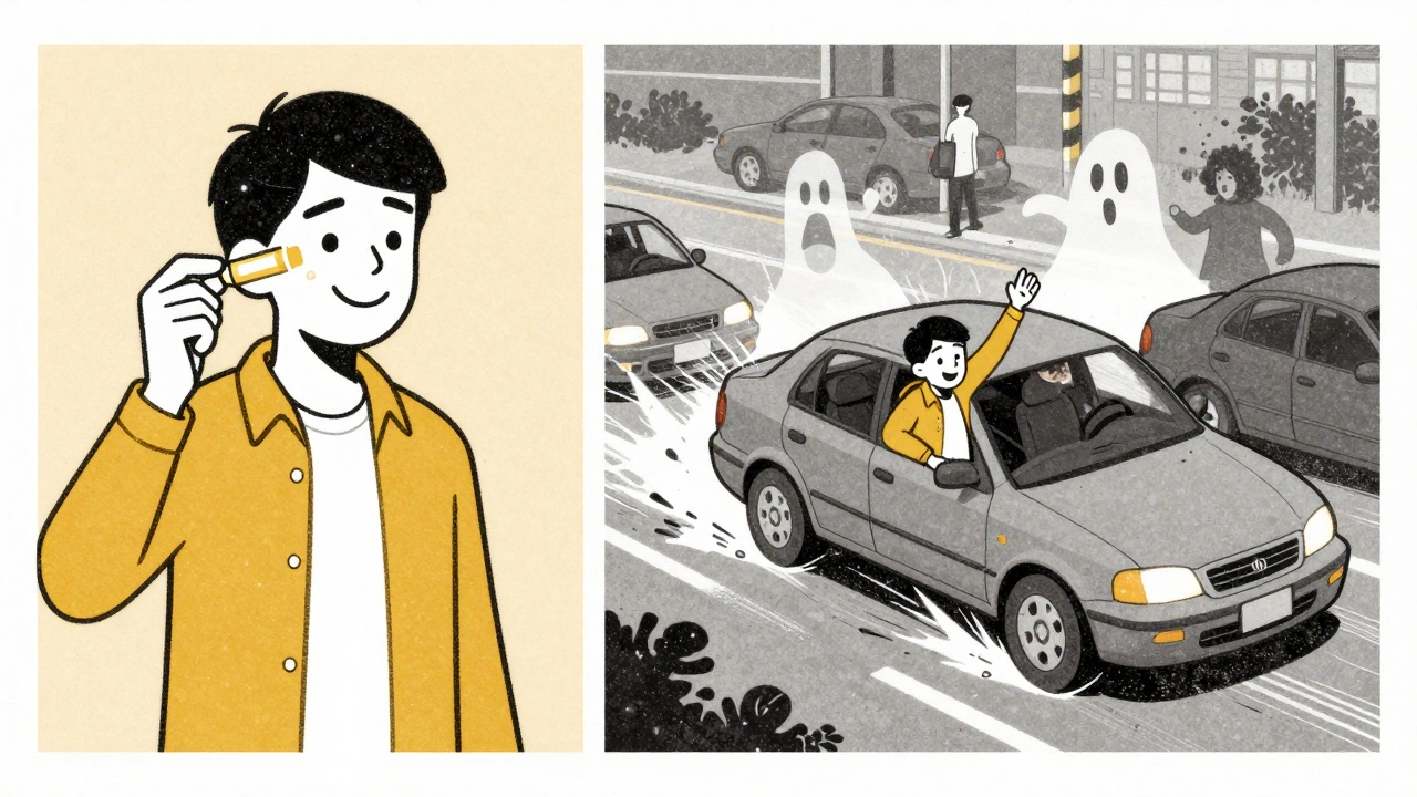 Split scene: person taking antihistamine vs. same person swerving dangerously in car