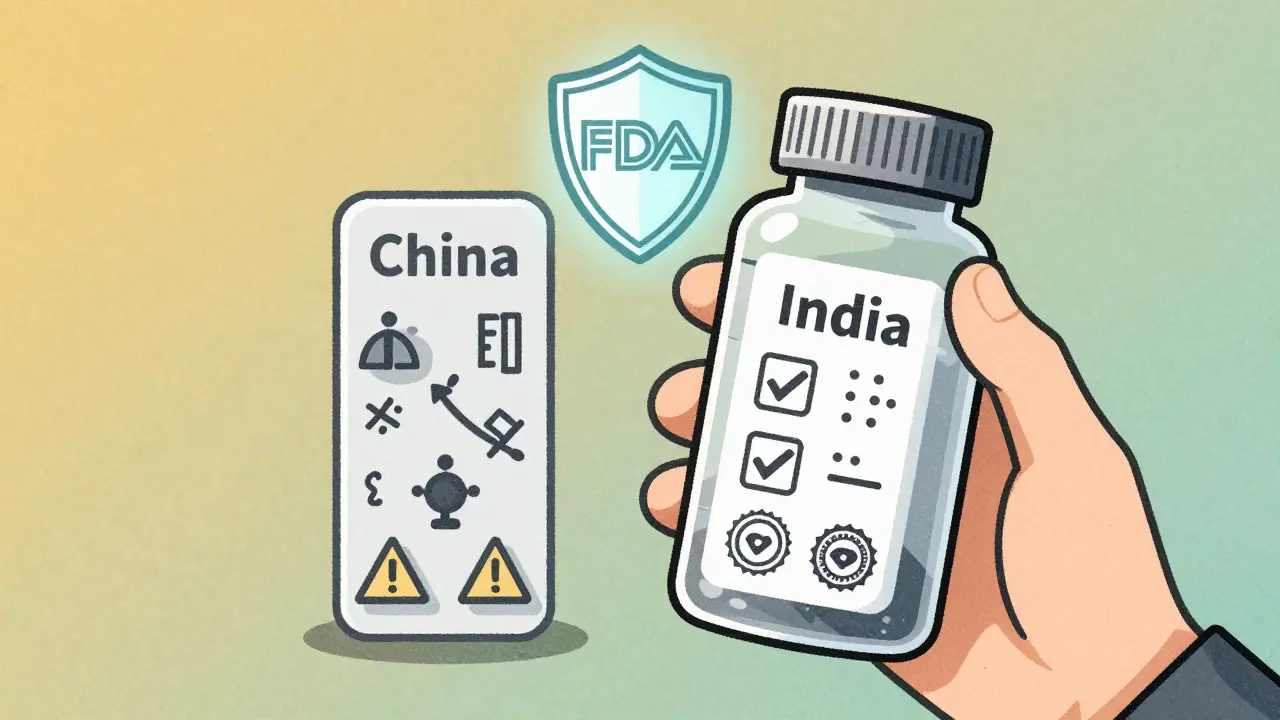 Transparent pill bottle revealing two paths inside—China with warnings and India with certified symbols under an FDA shield.