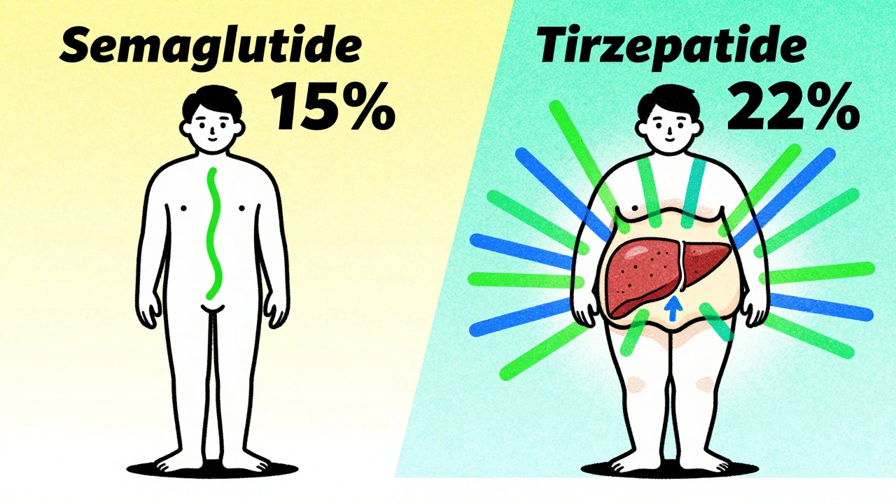 Two figures side by side: one losing 15% weight, the other 22%, showing dual hormone action superiority.