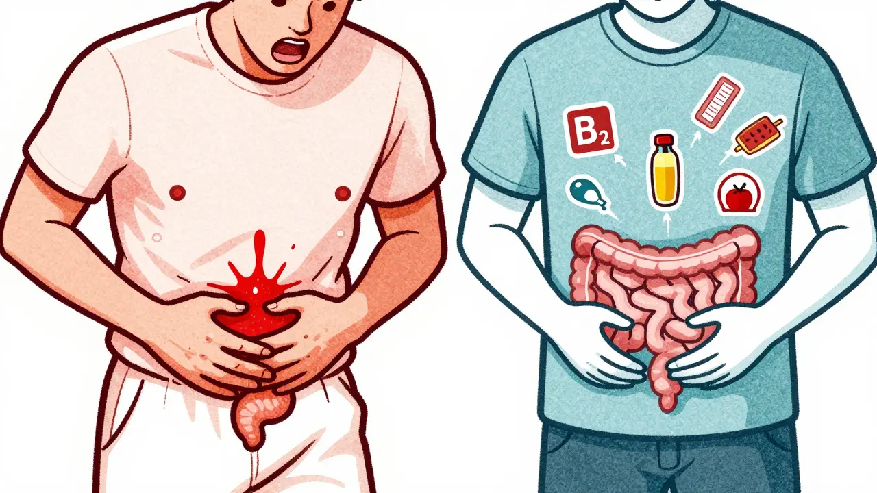 Two patients illustrating key symptoms: urgency and bleeding in UC versus malnutrition and blockage in Crohn’s disease.