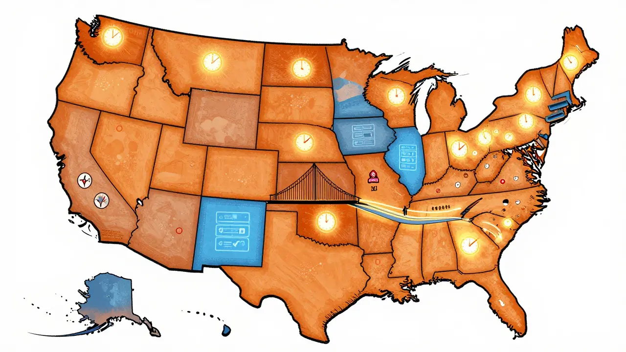 U.S. map showing states with 90-day waiting periods in orange and states using database checks in blue, with automated bridges highlighted.