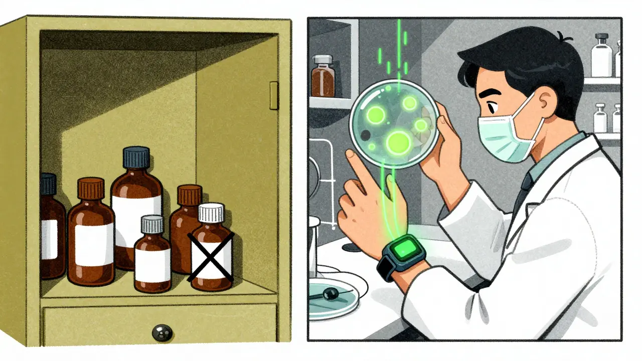 Wearable sensor and lab dish with glowing cells, representing modern drug reaction analysis.