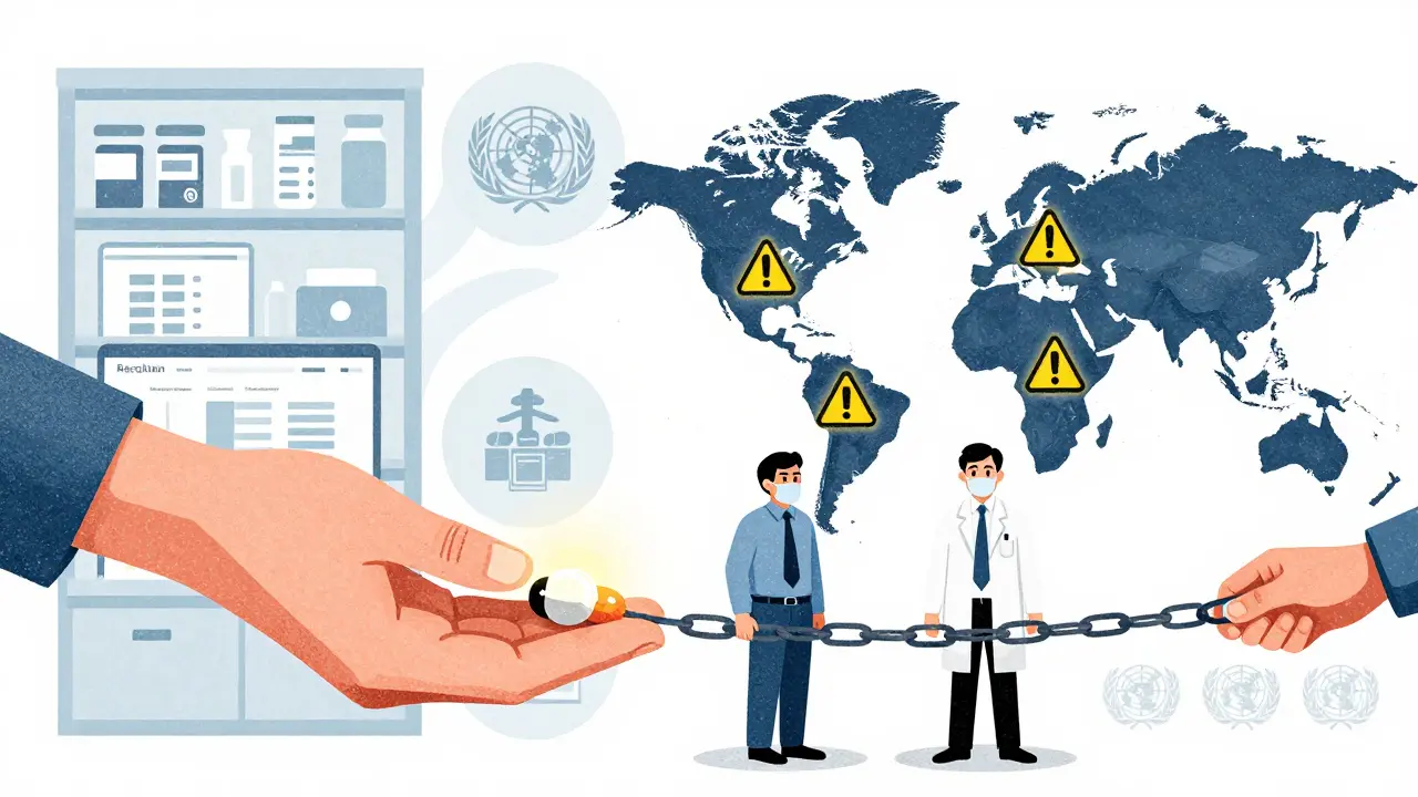 A chain of hands passing a glowing pill across a map, symbolizing global reporting of counterfeit medication.