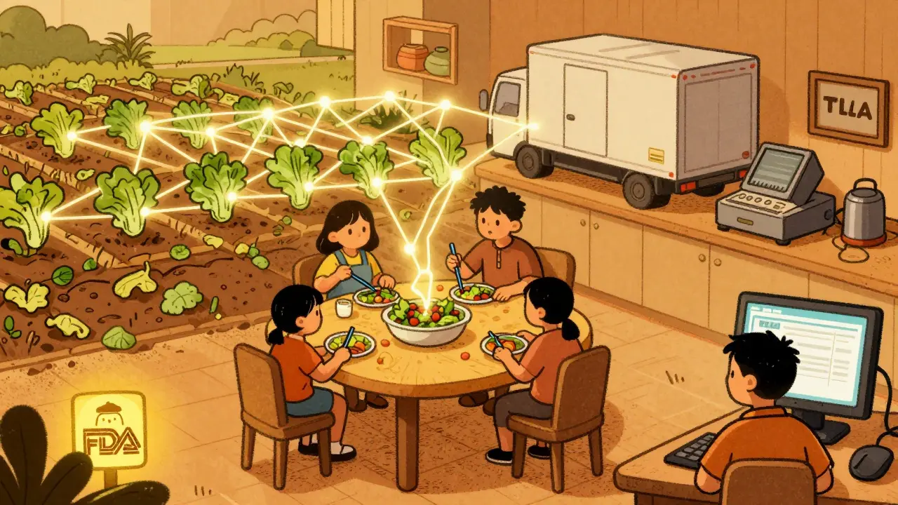 A family eats salad as invisible traceability links connect their food to the farm and regulator.