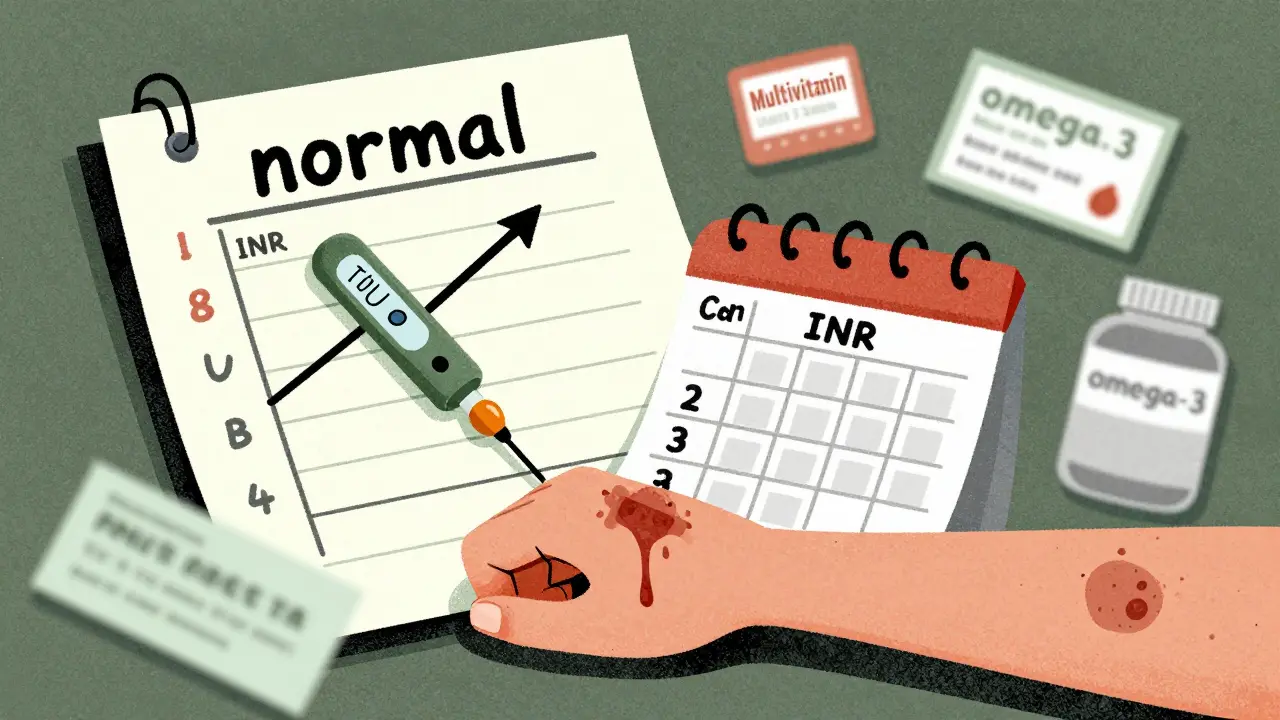A medical chart shows normal INR while bruises and bleeding appear on an arm.