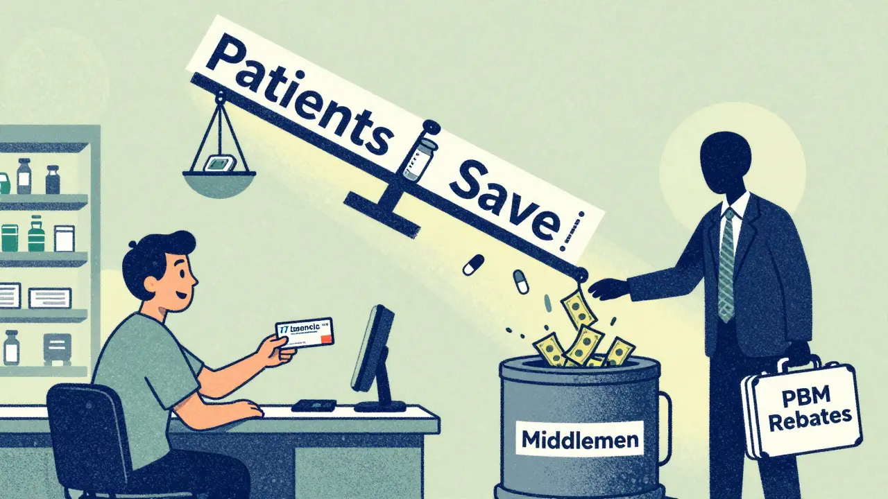 A patient receives an affordable generic prescription while a middleman siphons savings into a vault.