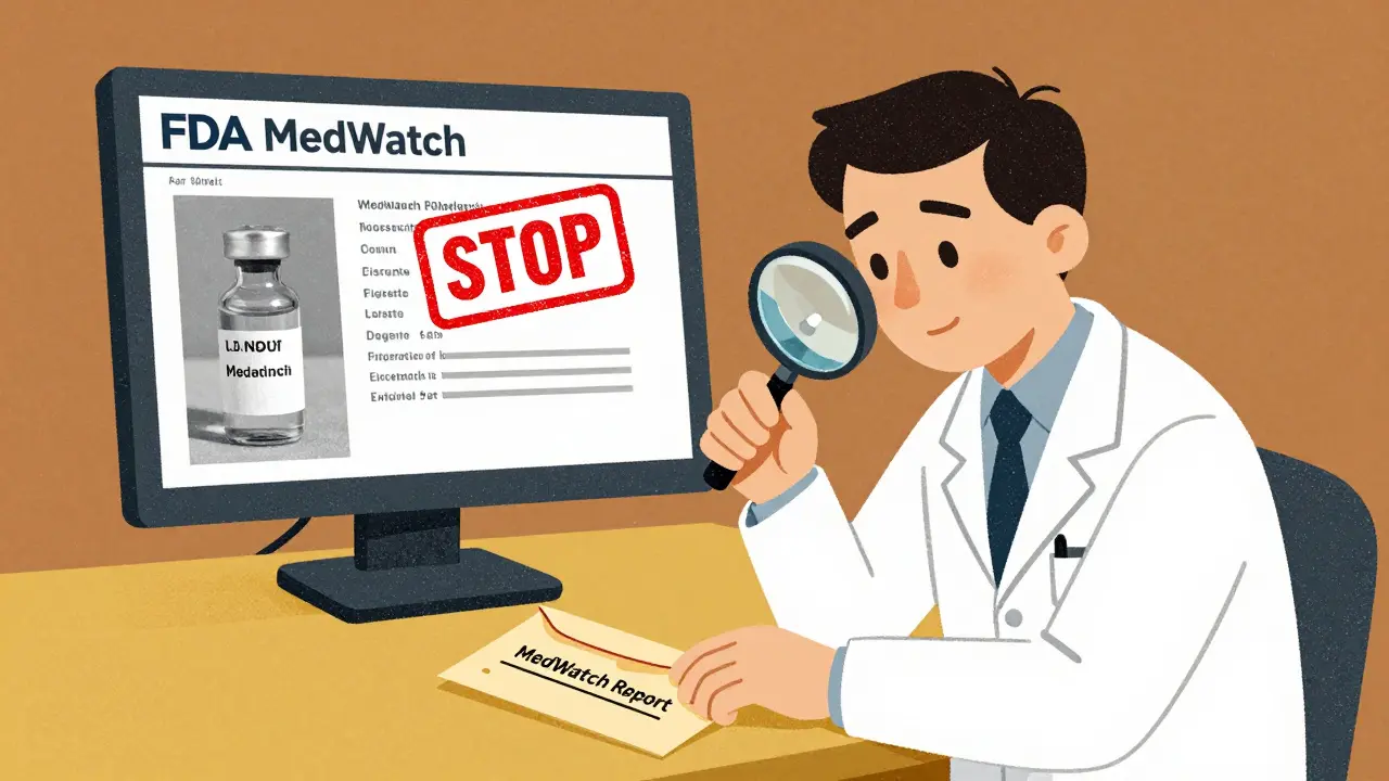 A pharmacist examining a pill under magnification and placing it in an evidence envelope labeled MedWatch.