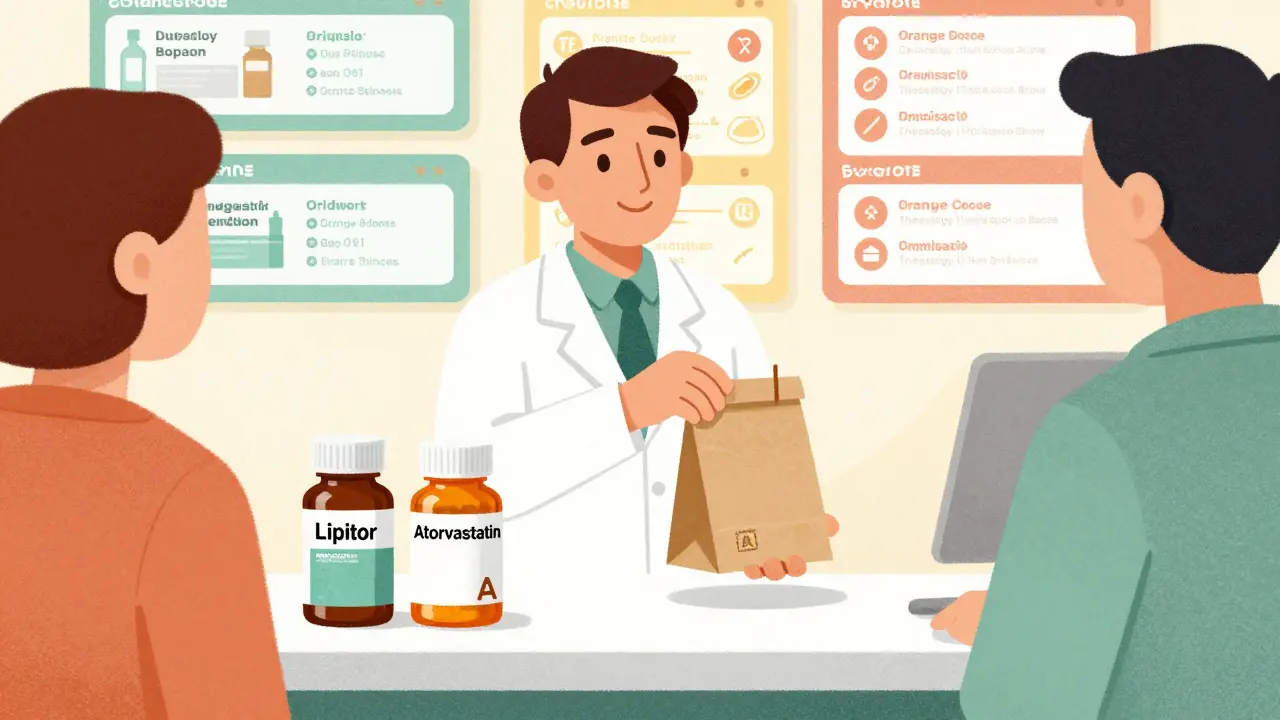 A pharmacist hands a generic pill bottle to a patient, with FDA Orange Book profiles displayed on the wall behind them.