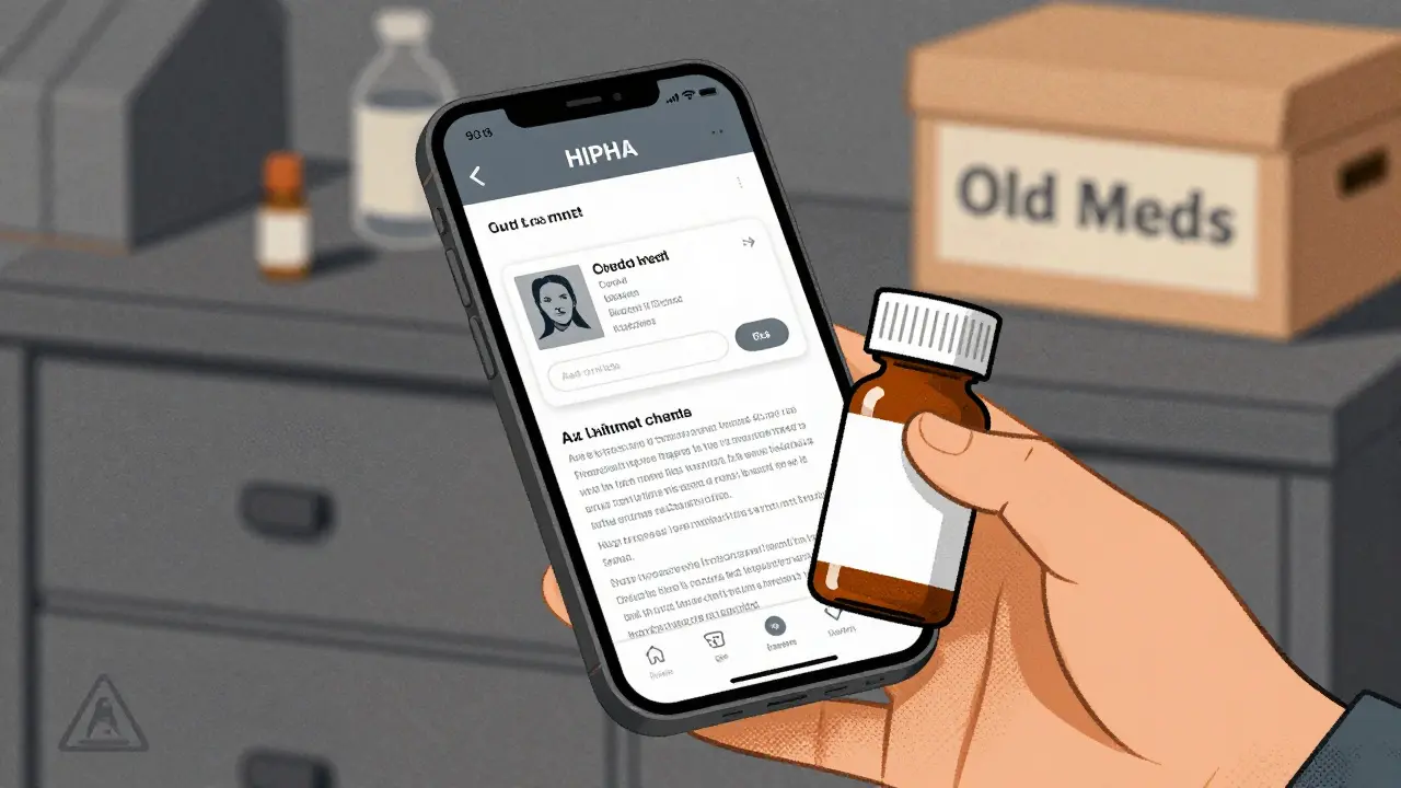 A smartphone showing a secure medication app with a scanned prescription beside the physical bottle.