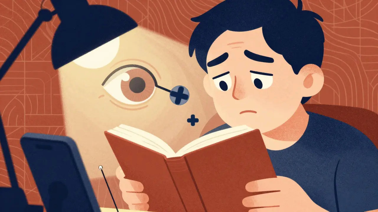 Adult reading with light focusing behind the retina, plus lenses floating nearby, blurred phone and sewing needle in scene.