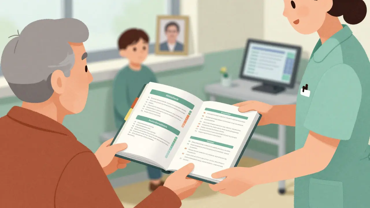 An elderly person handing a labeled medication binder to a nurse in a hospital setting.