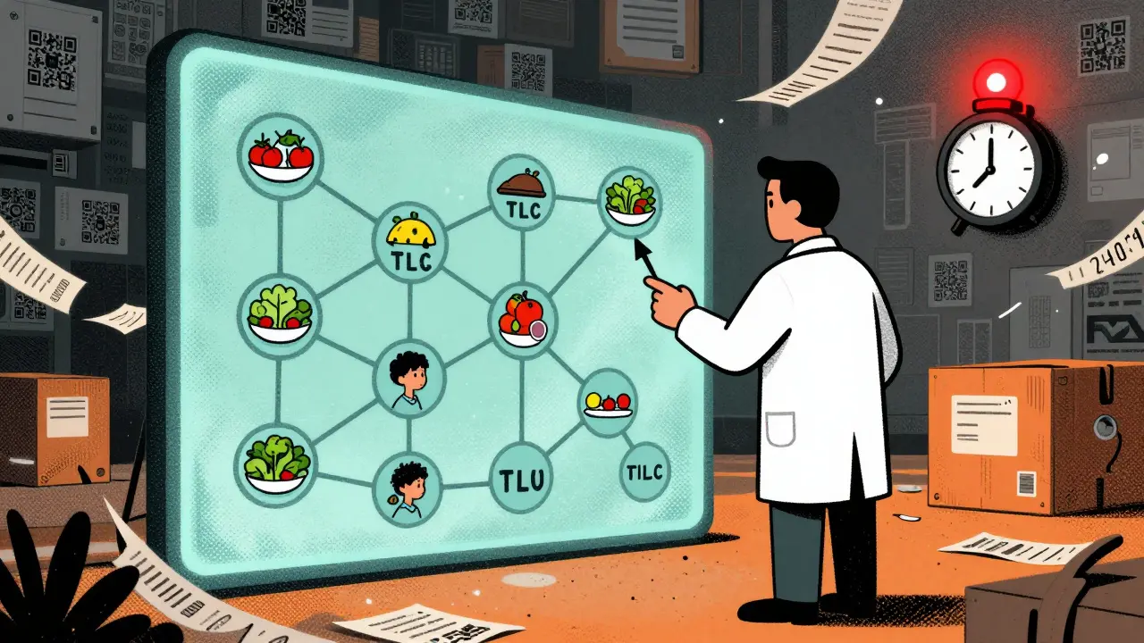 An FDA investigator traces a contaminated food batch using glowing lot codes on a digital network.