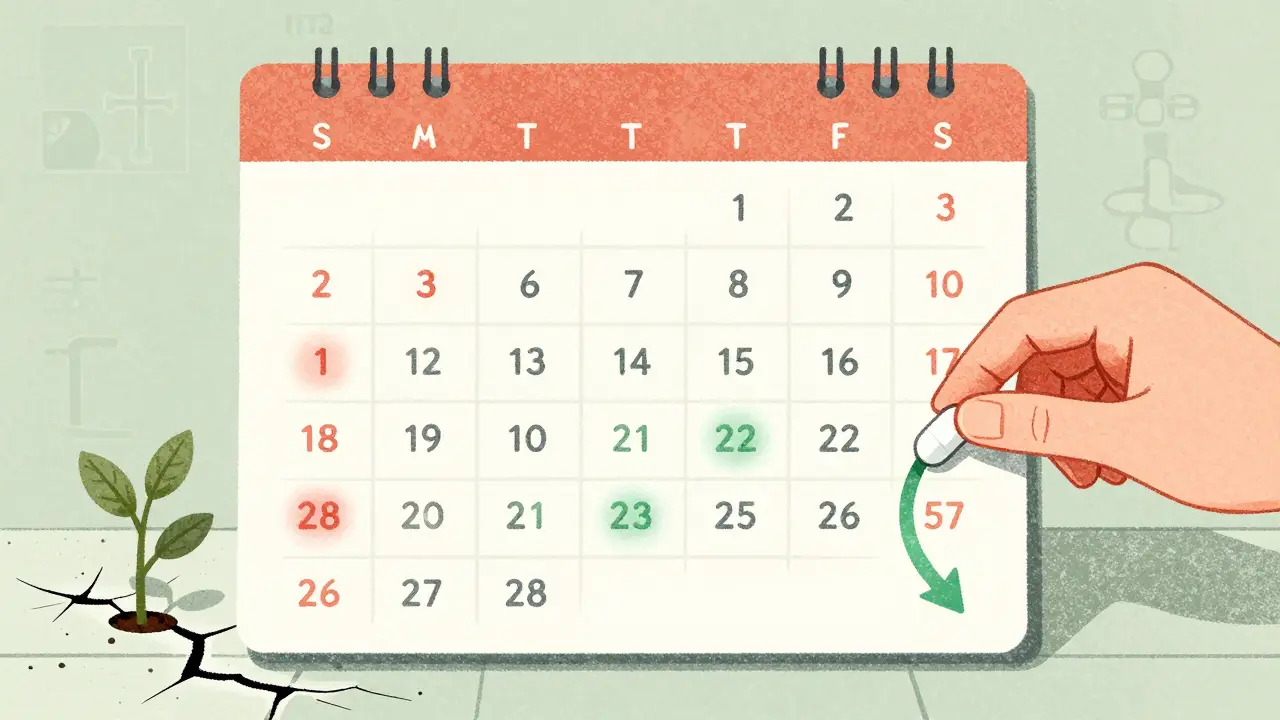 Calendar tracking 8-week budesonide treatment with tapering tablets and healing colon icons