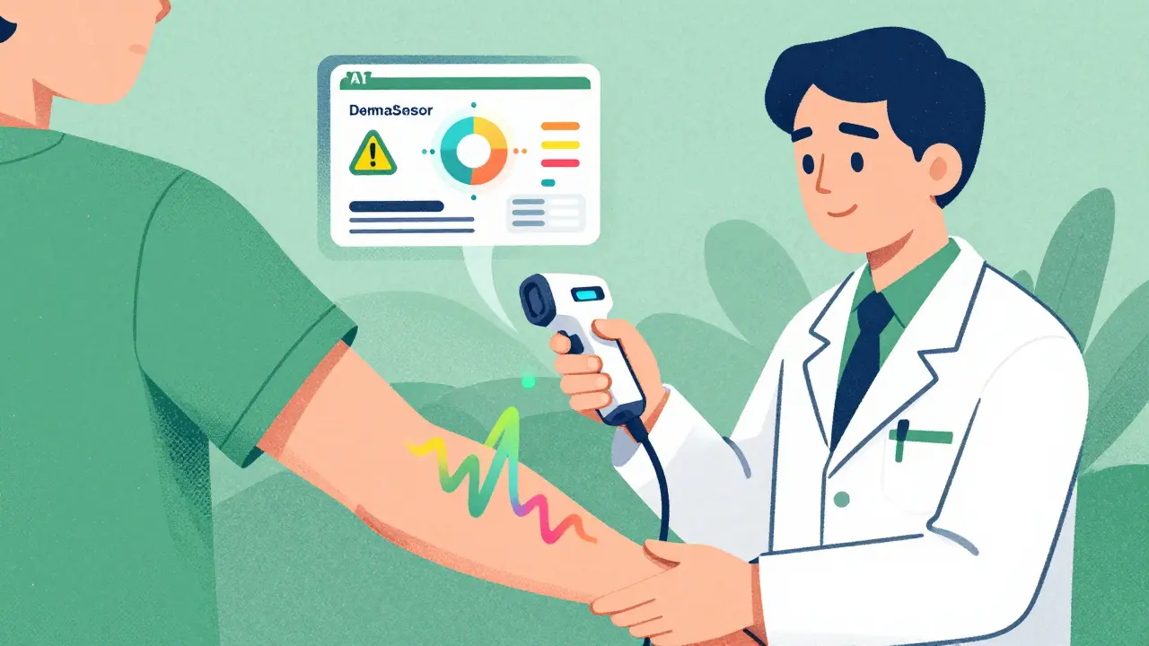 Dermatologist using a handheld device to scan a mole, with AI risk score displayed.