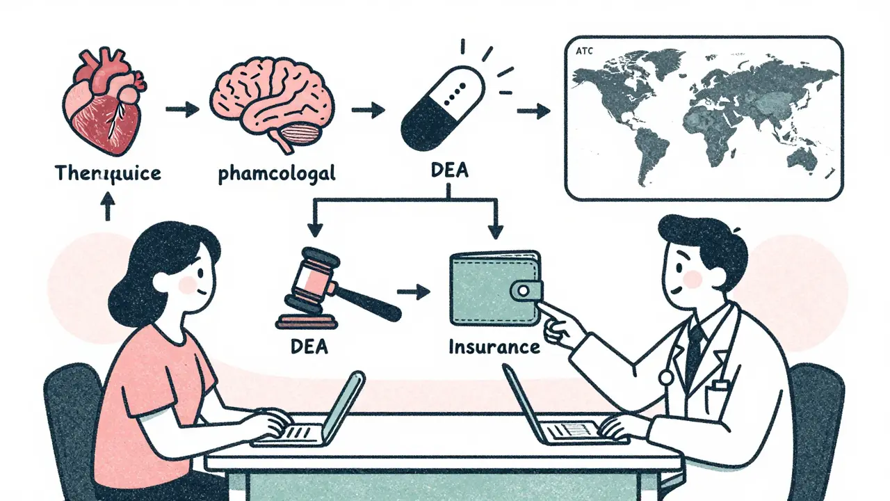Doctor and patient examining a flowchart showing five drug classification systems, with a pill transforming into different labels above them.