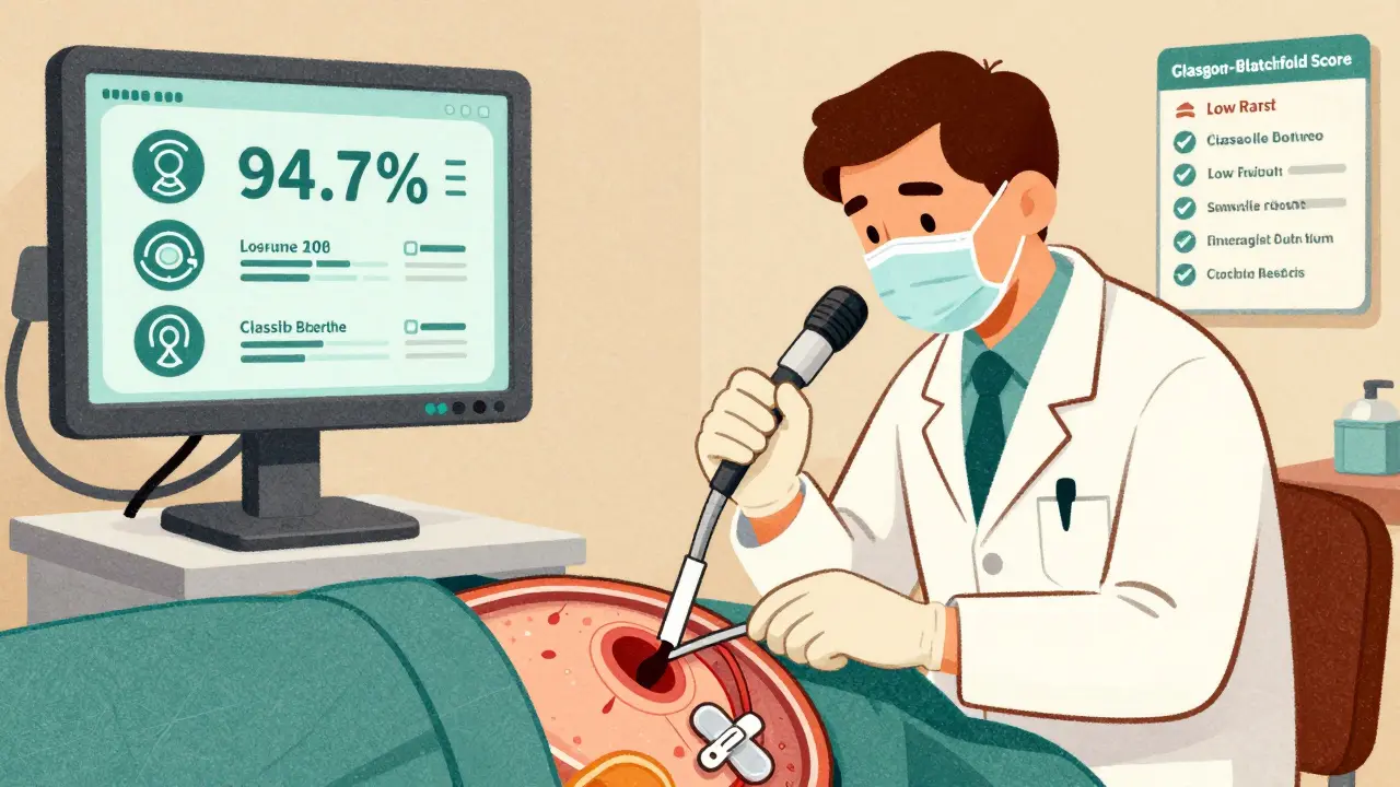 Doctor performing endoscopy on bleeding ulcer with AI icons and risk score card visible.