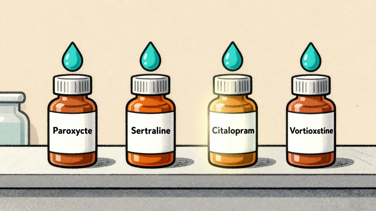 Four antidepressant bottles with sweat droplets sized by risk, citalopram glowing slightly brighter.