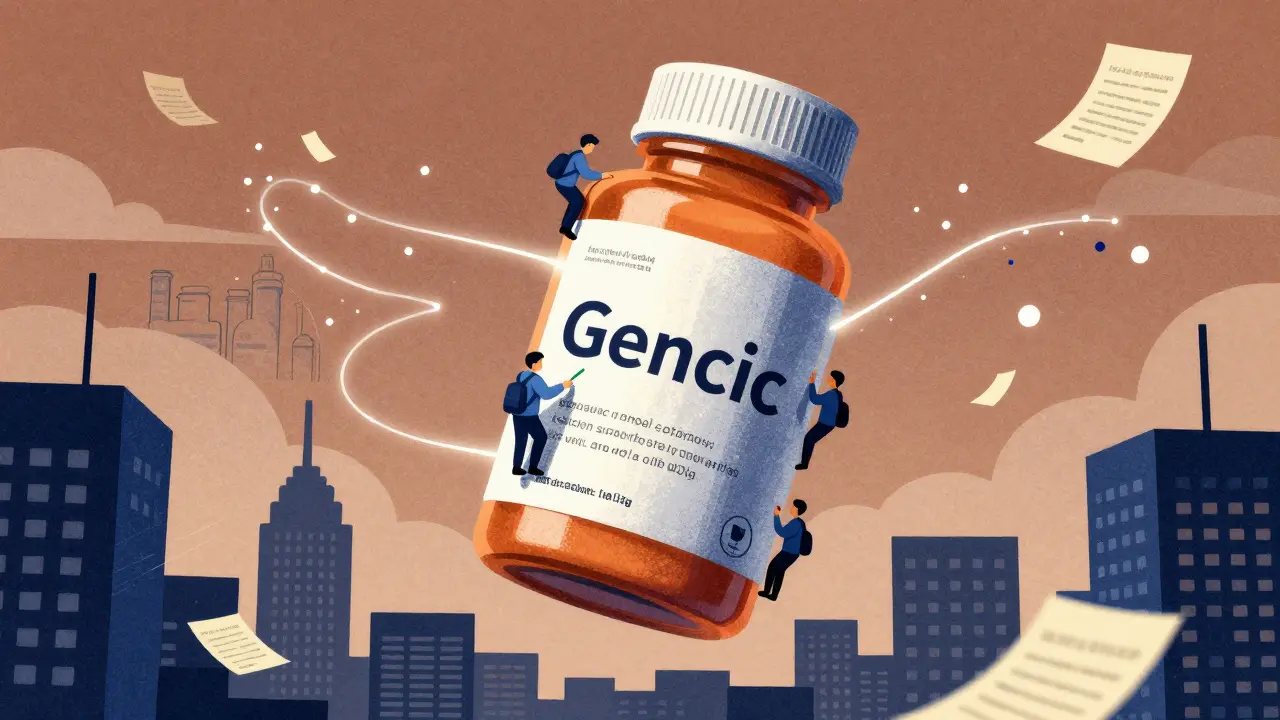 Giant generic pill bottle with inspectors tracing ingredient origins to global factories