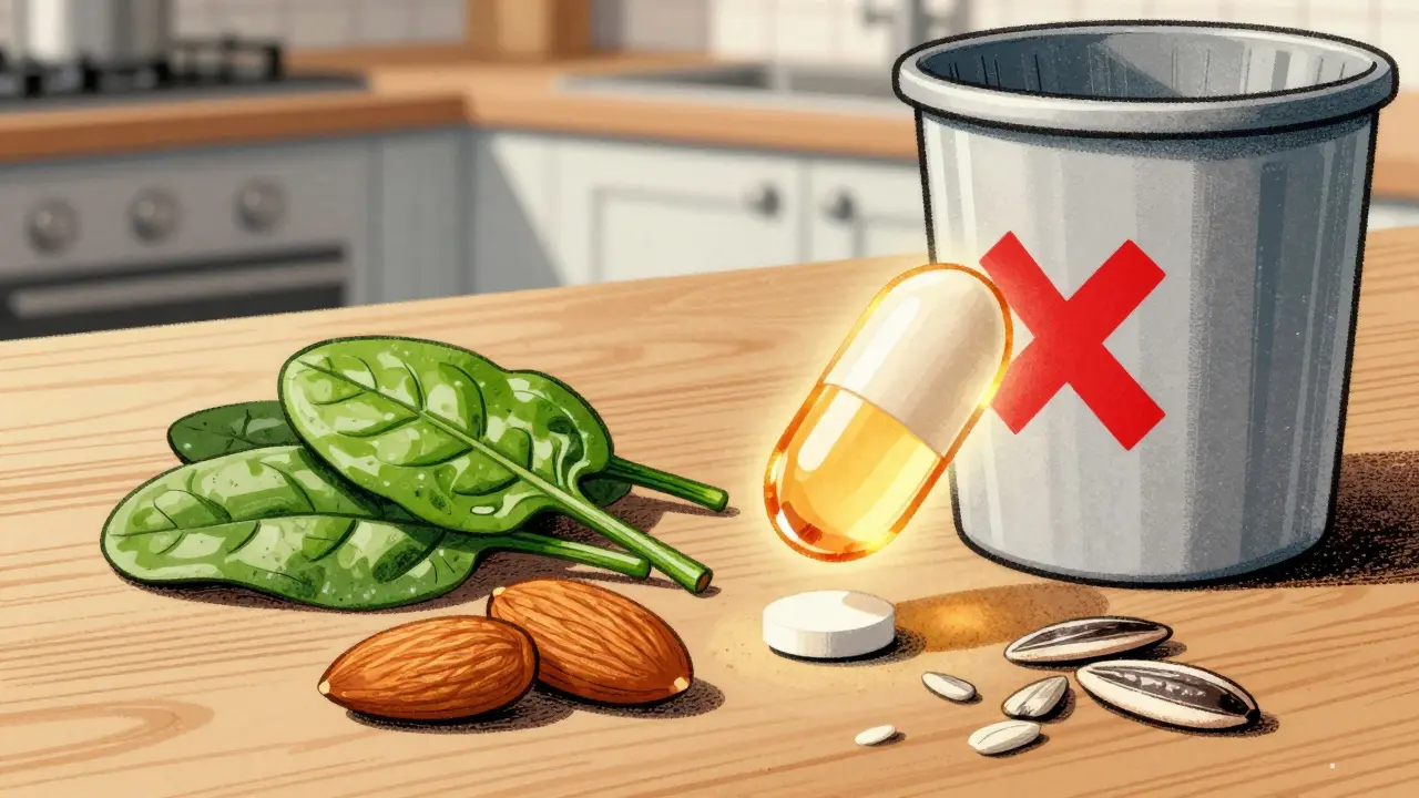 Healthy foods like almonds and spinach beside warfarin, with a vitamin E capsule in the trash.
