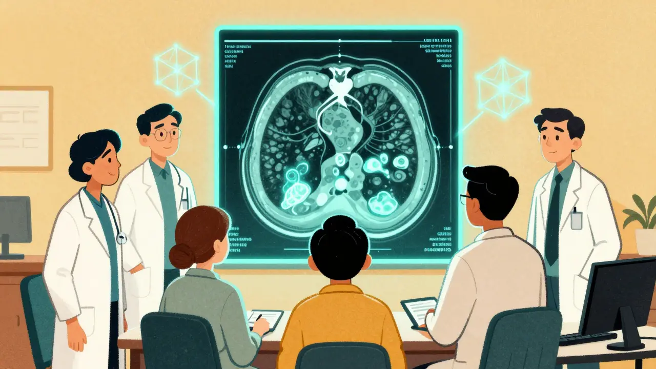 Medical team reviewing a glowing CT scan of lungs, with AI patterns highlighting scar tissue in stylized illustration.