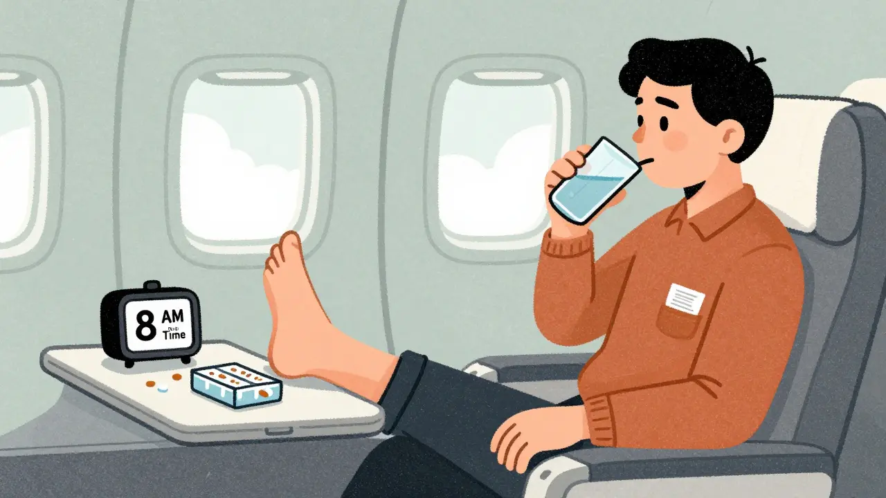 Passenger doing leg exercises on plane with pill organizer and water bottle nearby.