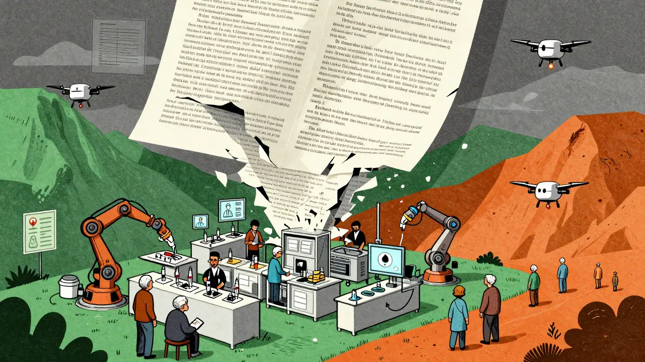 Patent cliff collapsing as robots build biosimilars in factories, patients receiving meds via drones.