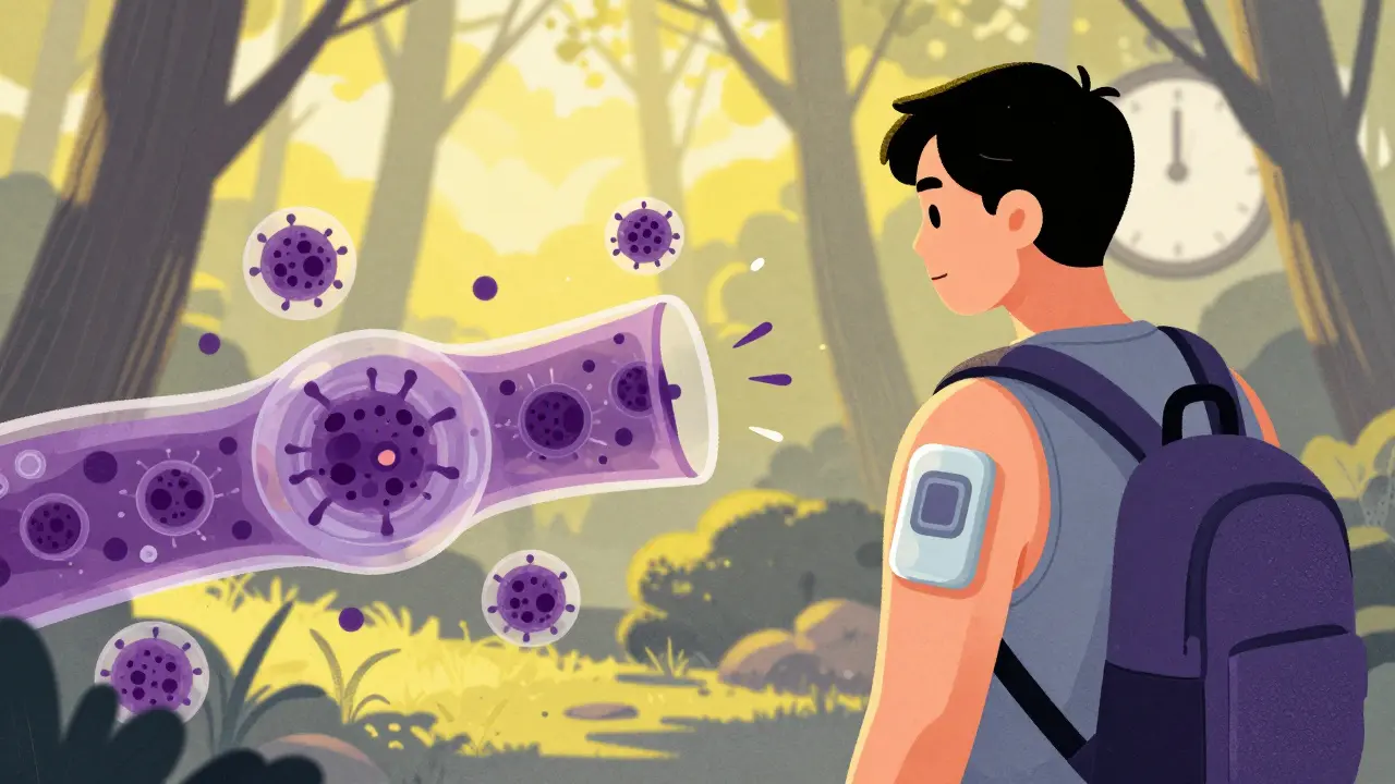 Patient hiking with a wearable patch, immune cells fighting cancer cells in overlay.