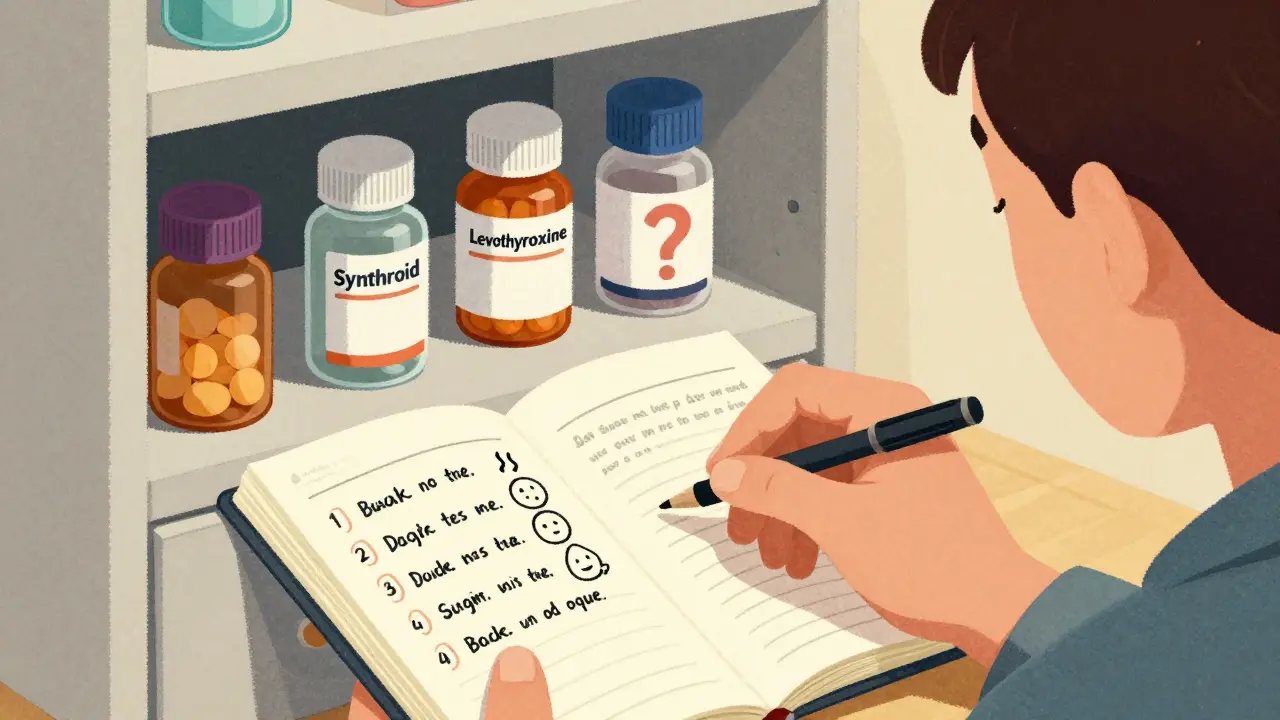Patient journaling symptoms next to multiple generic pill bottles with different appearances.