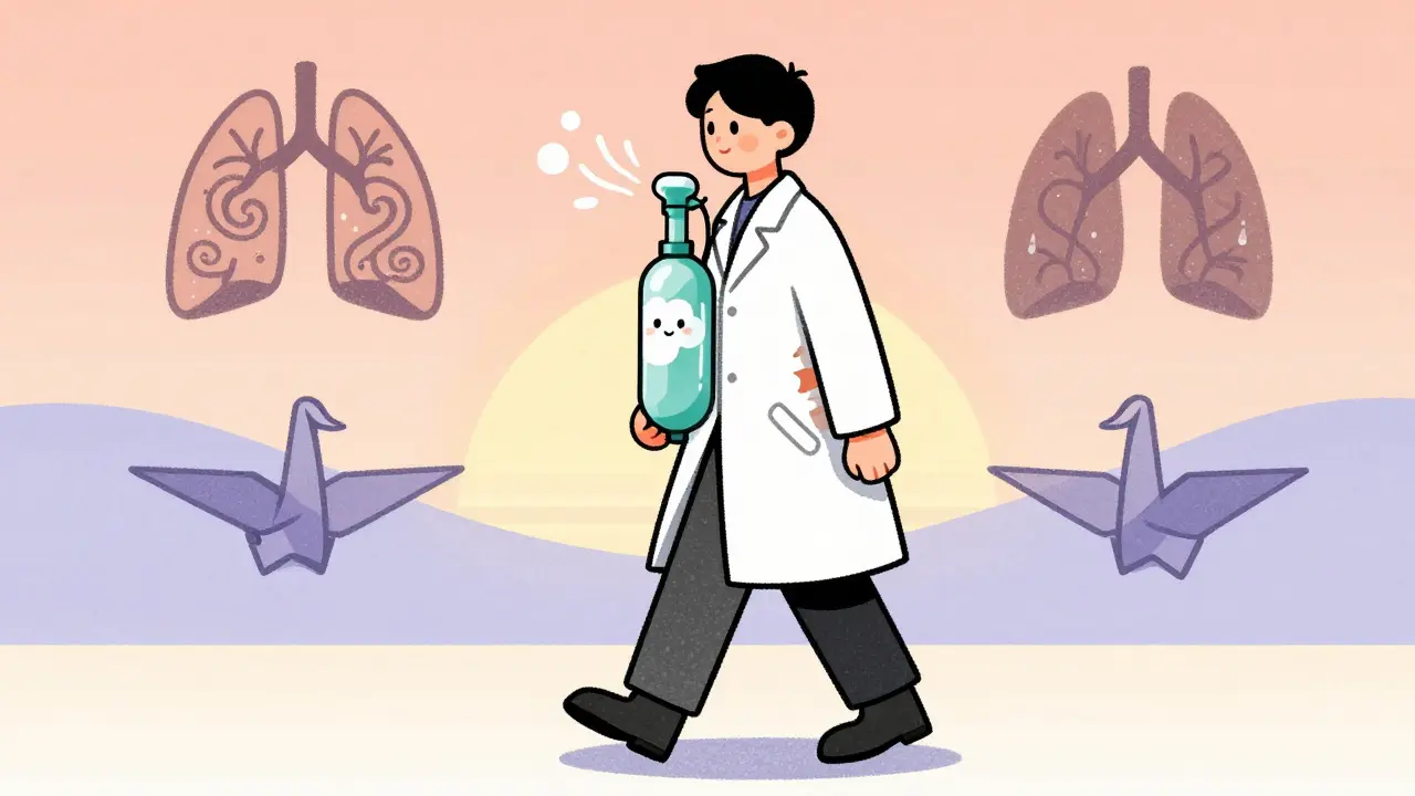 Patient walking with oxygen tank shaped like a cloud, surrounded by abstract symbols of breathing and energy conservation.