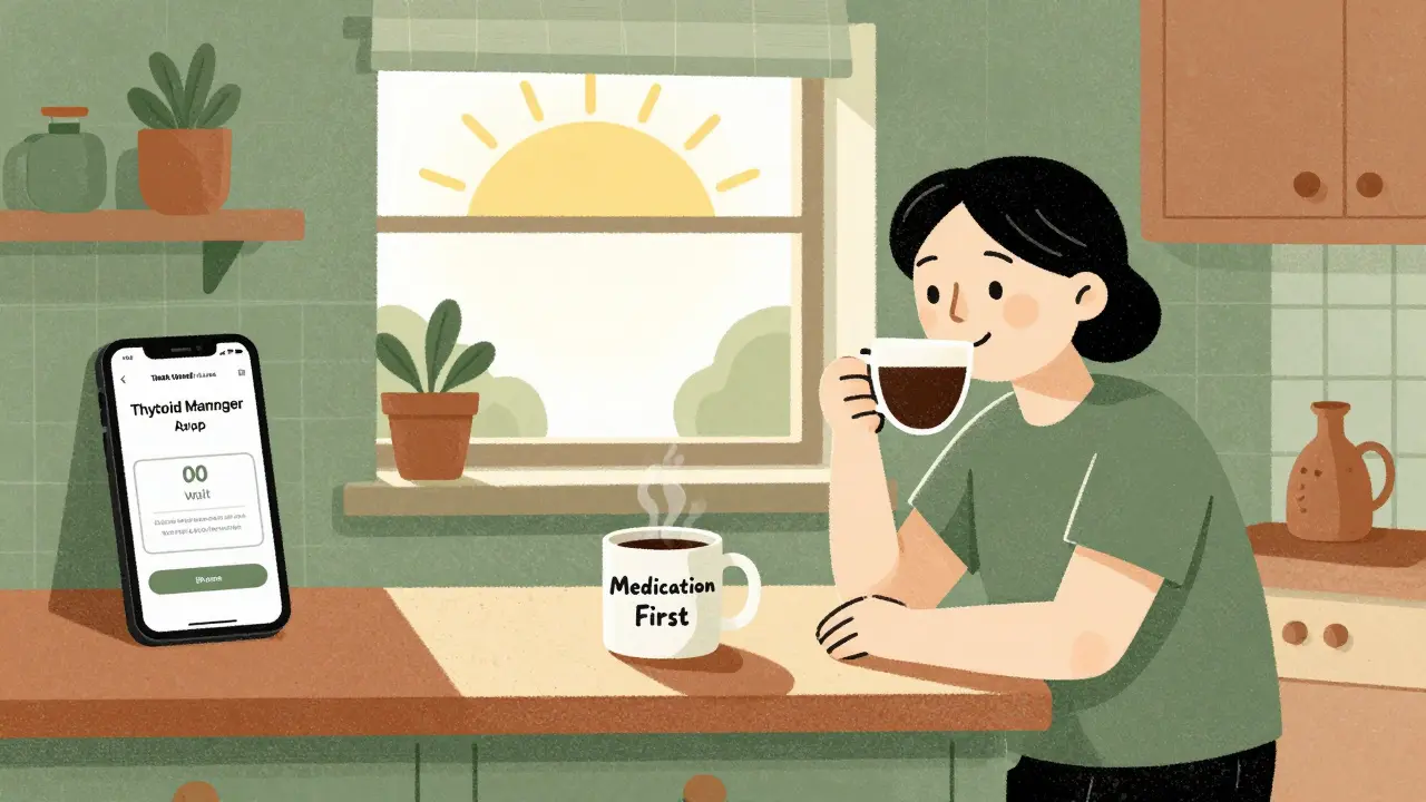 Person enjoying coffee after waiting an hour, with medication reminder label and phone app visible.