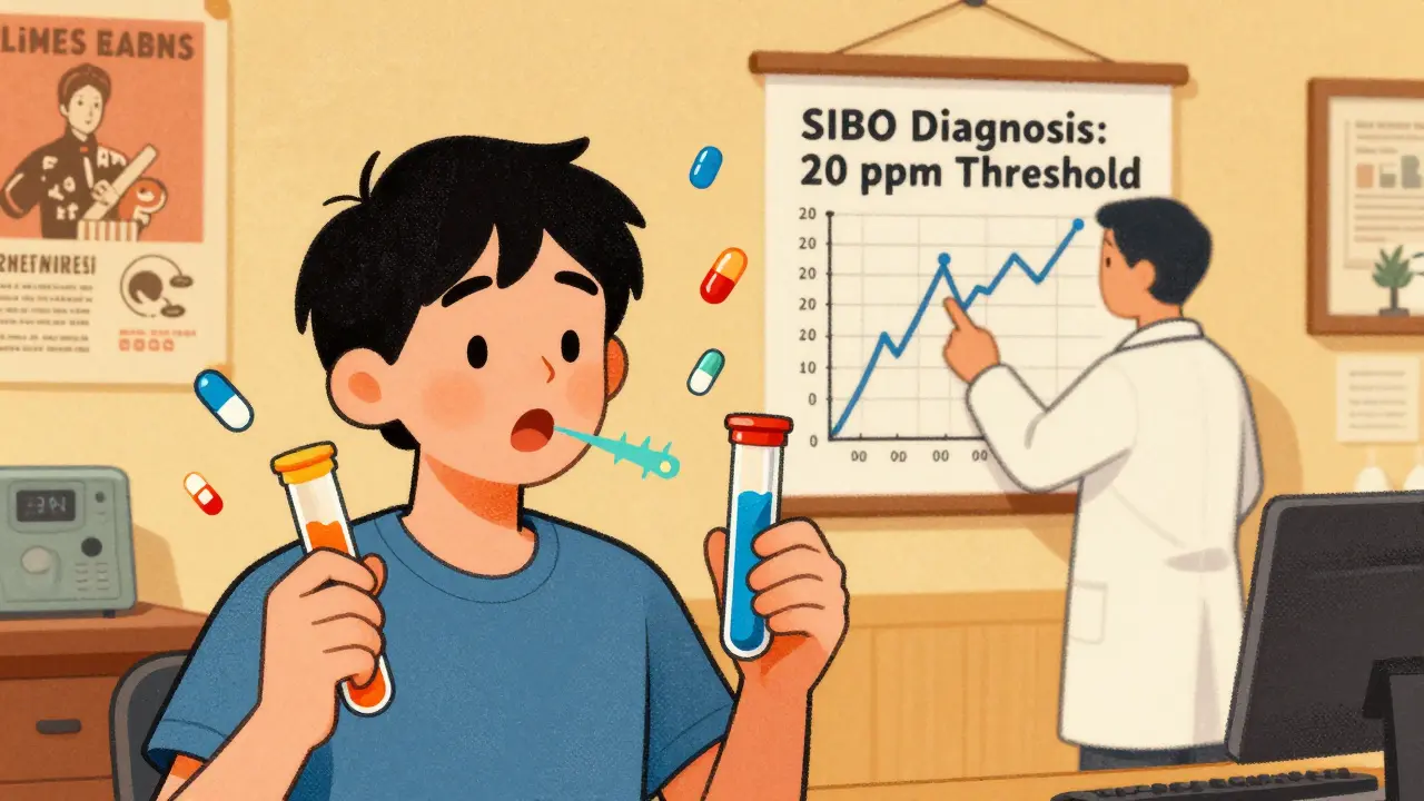 Person exhaling gas graphs into breath test tubes while a doctor points to diagnostic chart.