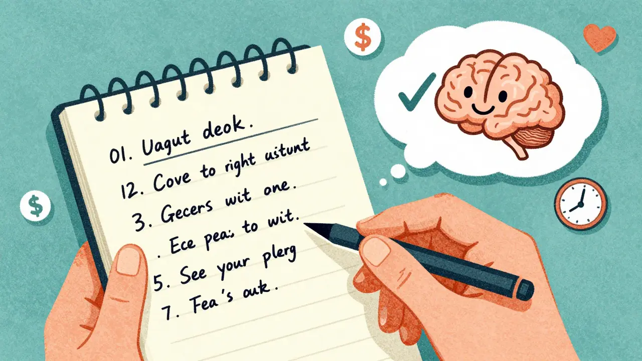 Person journaling medication changes with symbolic icons of health, cost, and time floating nearby.