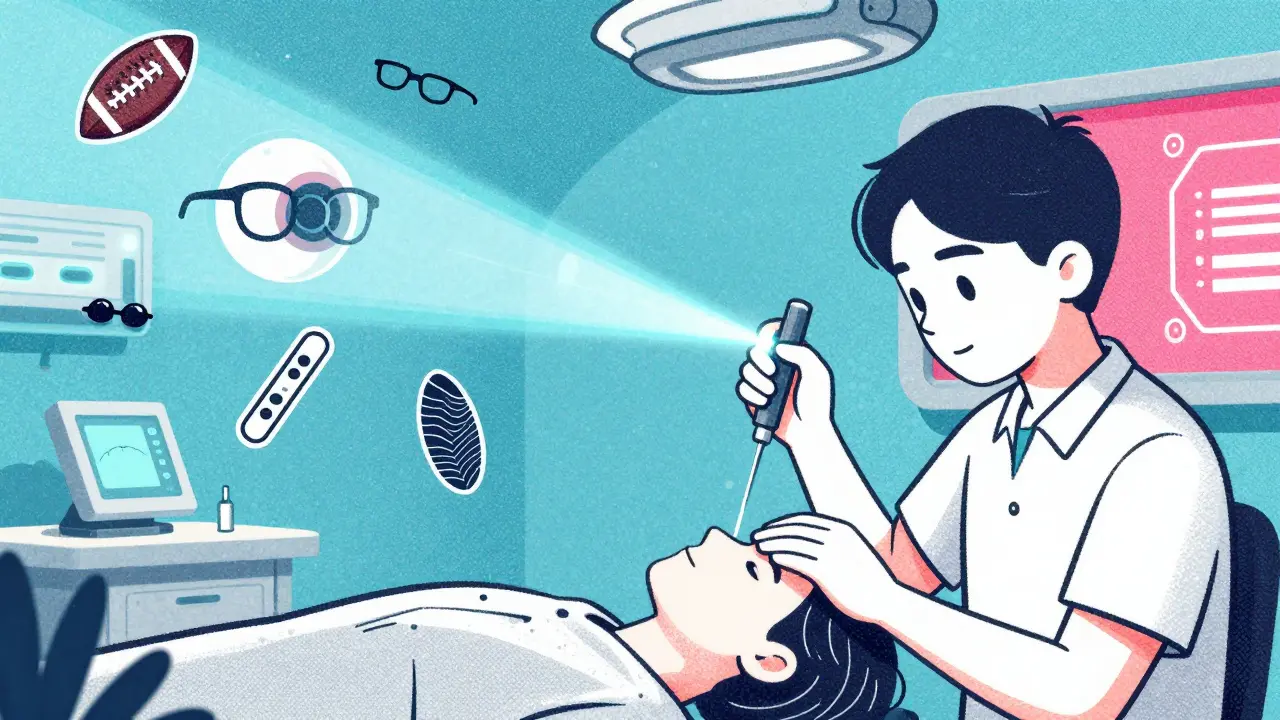 Person receiving LASIK with laser reshaping a football-shaped cornea, surrounded by prescription icons and wavefront maps.