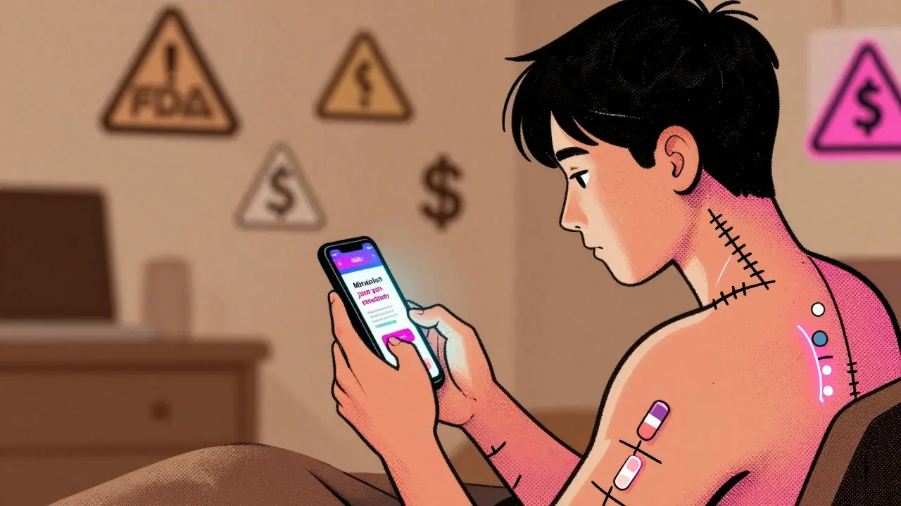 Person scrolling on phone while hidden prescription drugs pulse beneath their skin, shown in risograph cartoon style.